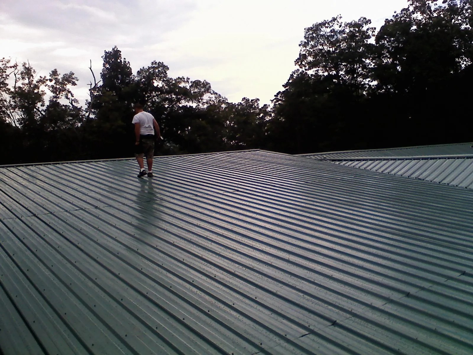 Roofer walking a wide expanse of new green metal roofing in Sterling